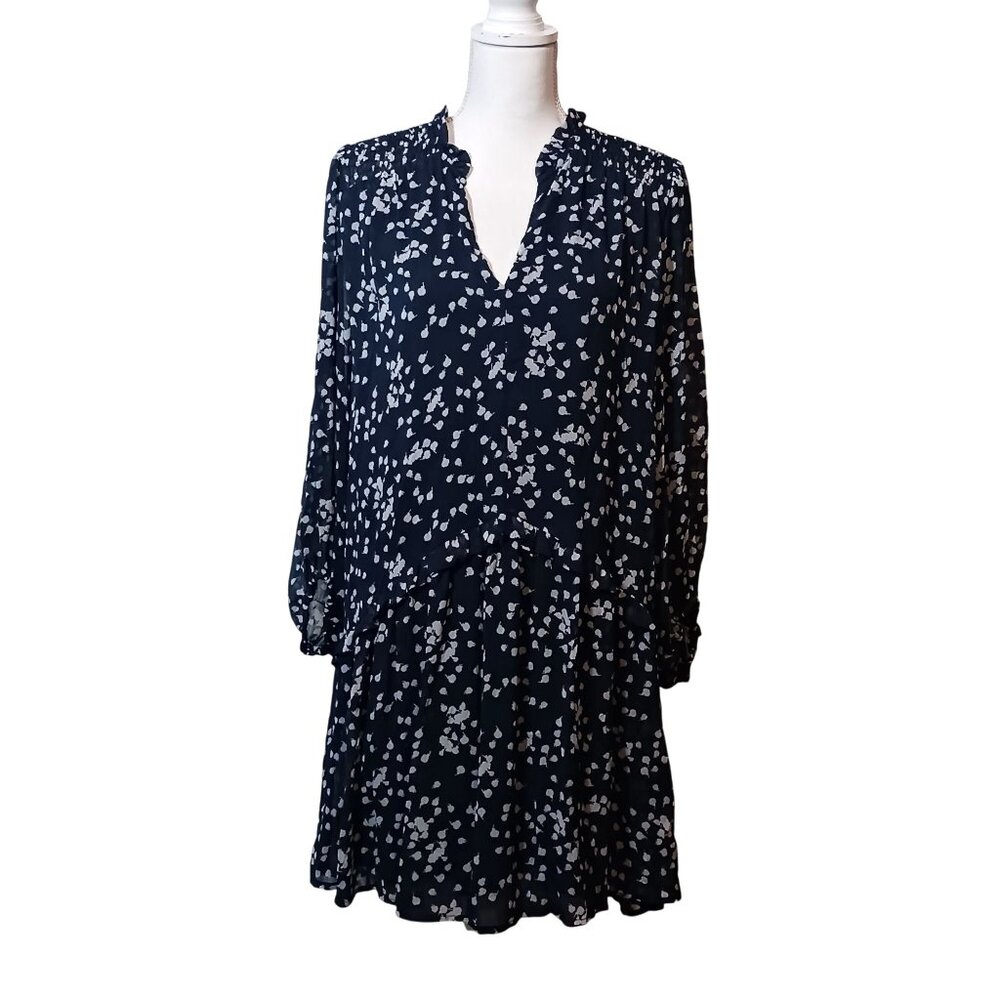 Collective Concepts Navy Blue White Floral Long‎ Puff Sleeve Shift Dress Size M